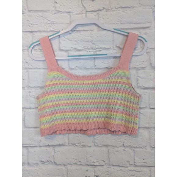 Crochet Striped Knit Cropped Tank Top Hippie Boho 70s Juniors Medium - Picture 3 of 5